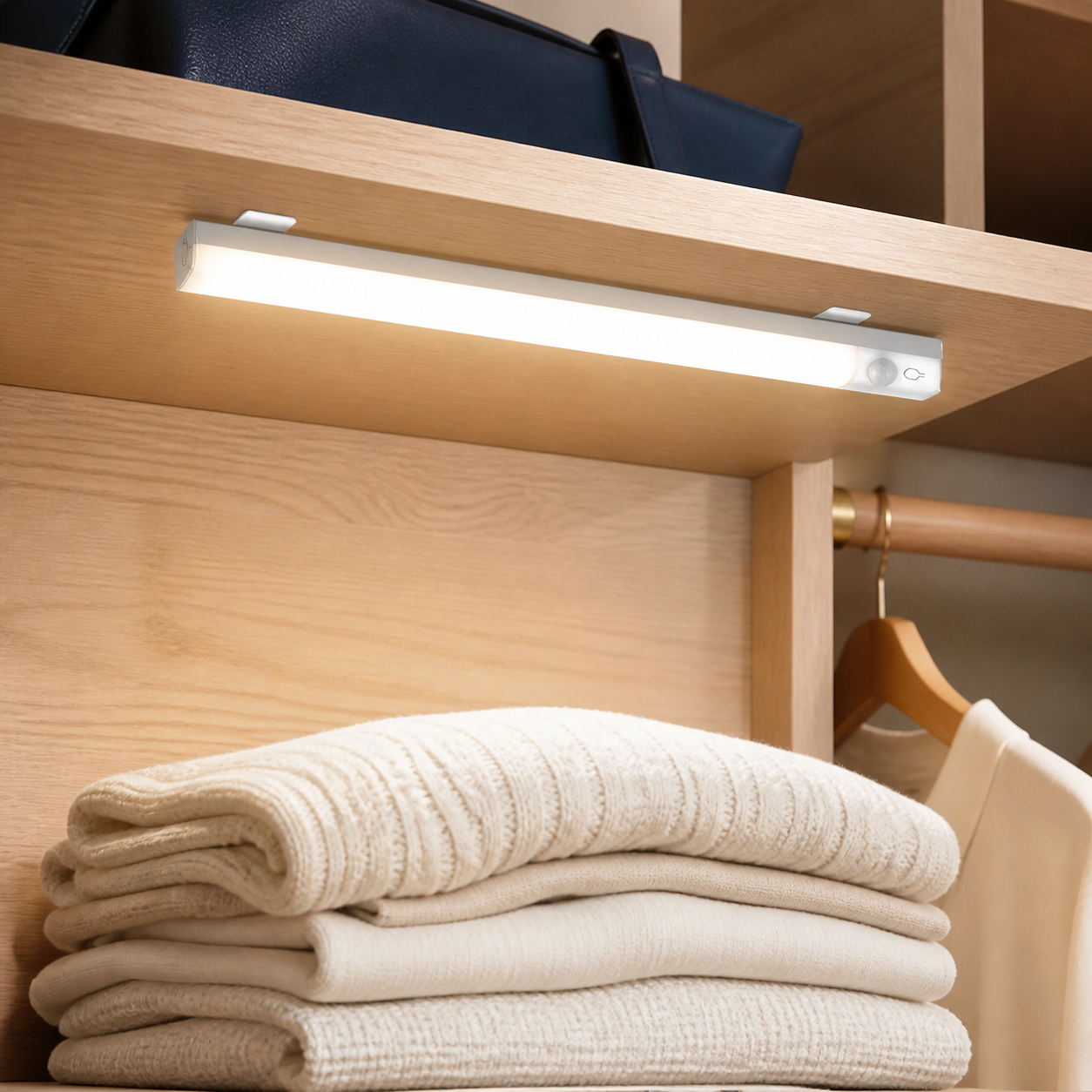 Luma rechargeable motion sensor closet light installed under a pale oak shelf