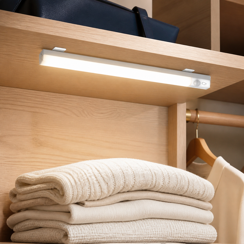 Luma rechargeable motion sensor closet light installed under a pale oak shelf