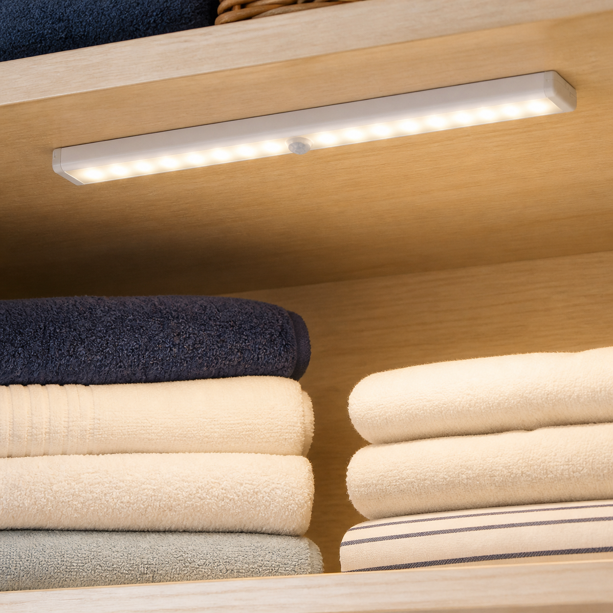 Noma pantry light illuminating folded linens