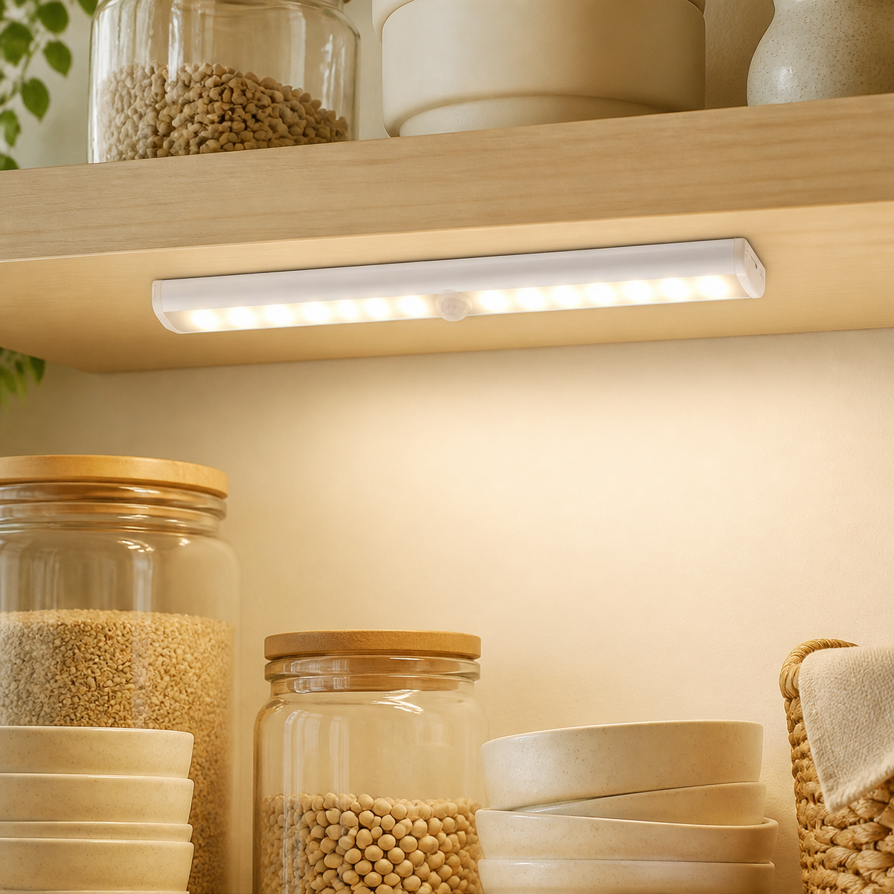 Noma pantry motion light illuminating organized shelves