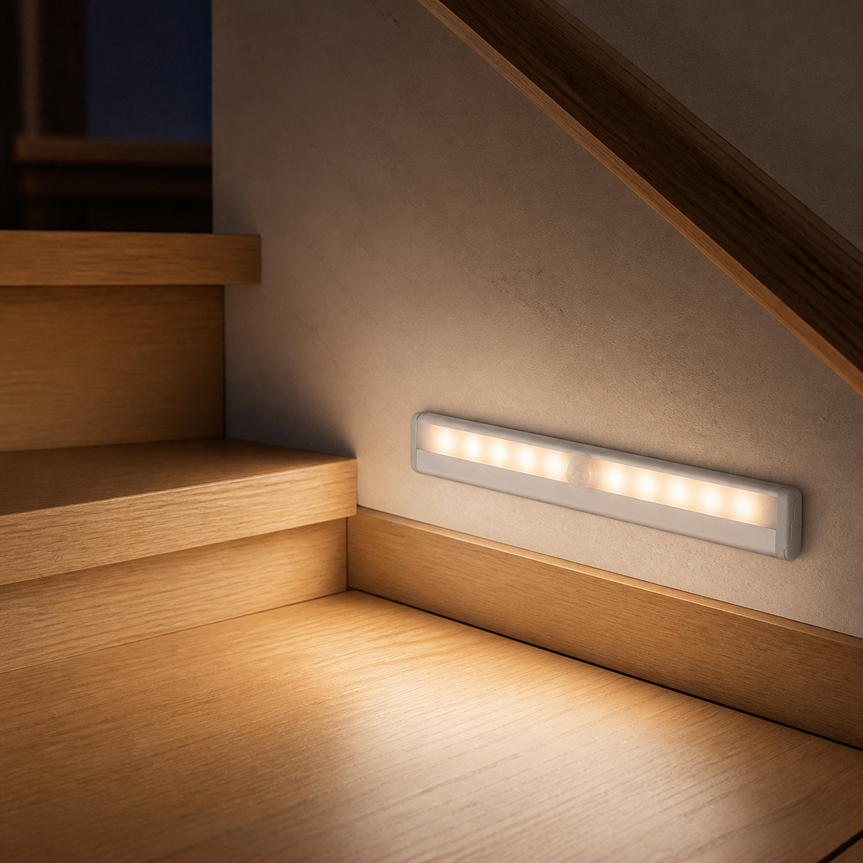 StepGlow wireless motion light illuminating a modern staircase