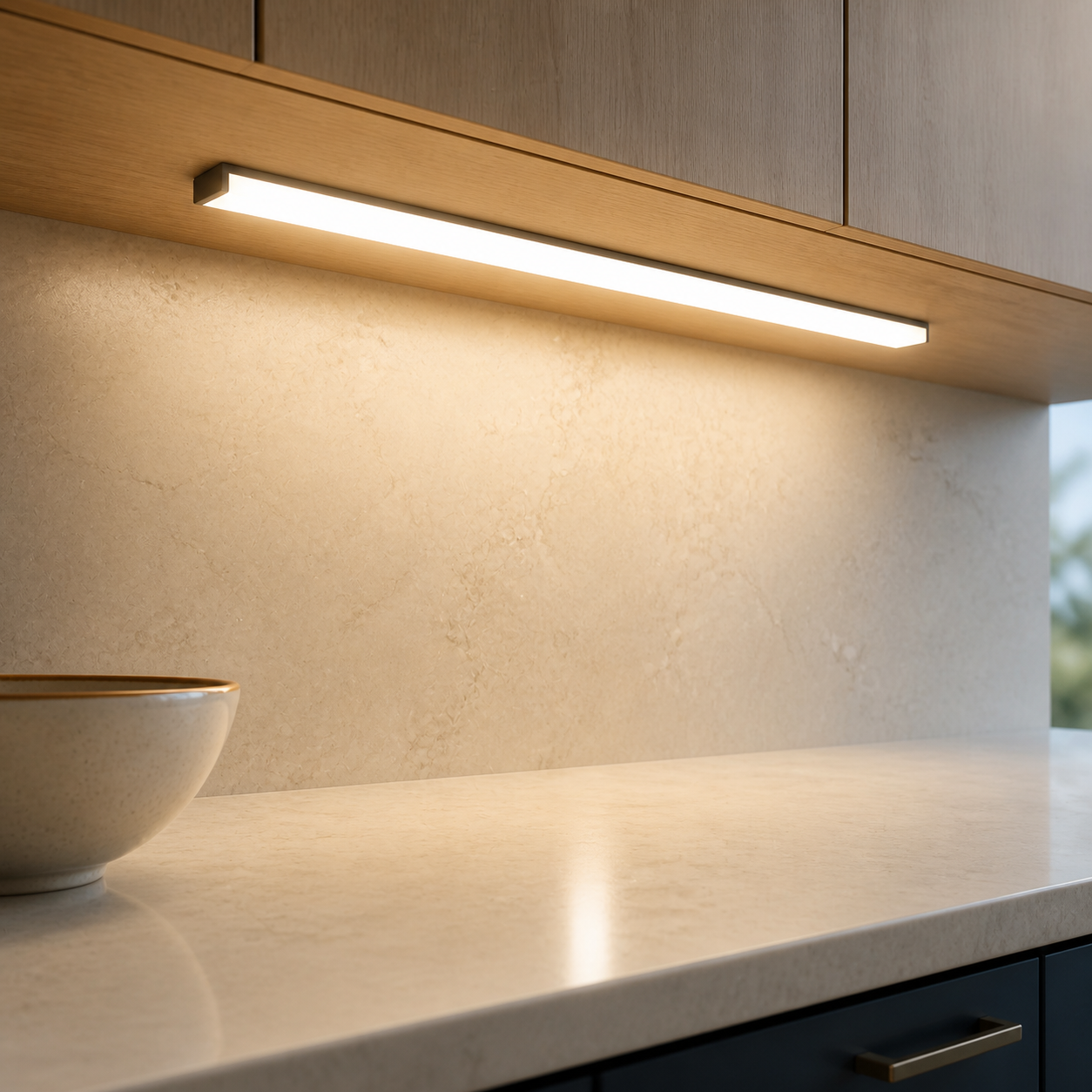 Aurelia rechargeable task light installed beneath a kitchen cabinet