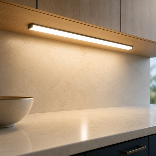 Aurelia rechargeable task light installed beneath a kitchen cabinet