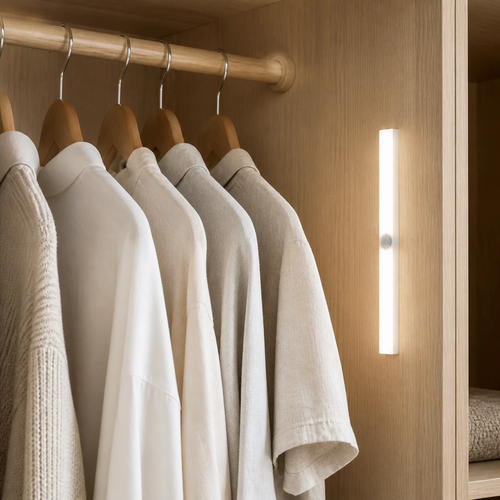 Elara wardrobe sensor light illuminating neutral clothing